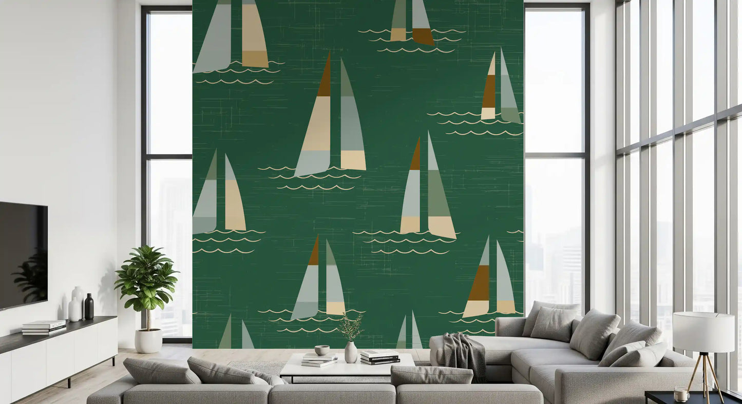Repeat pattern sailboat wall mural on green ground with mid century boats.