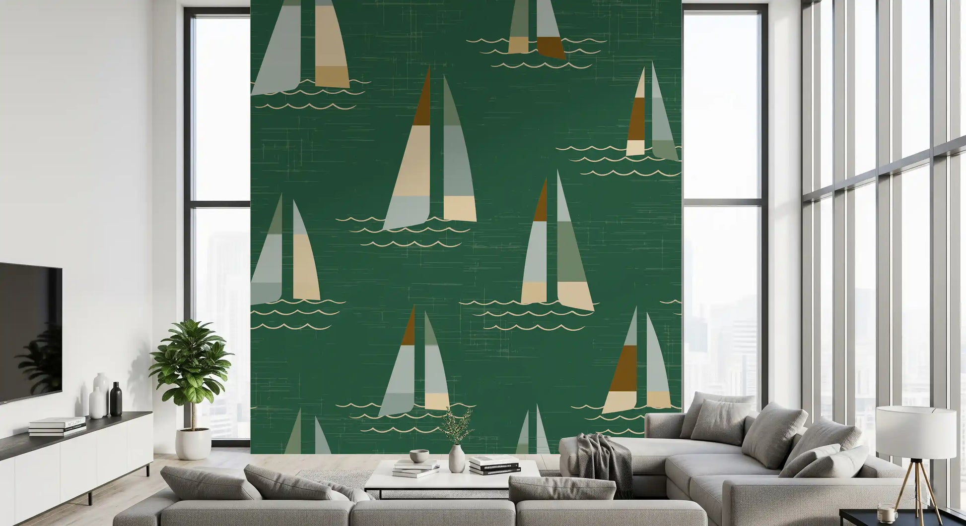 Repeat pattern sailboat wall mural on green ground with mid century boats.