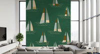 Repeat pattern sailboat wall mural on green ground with mid century boats.