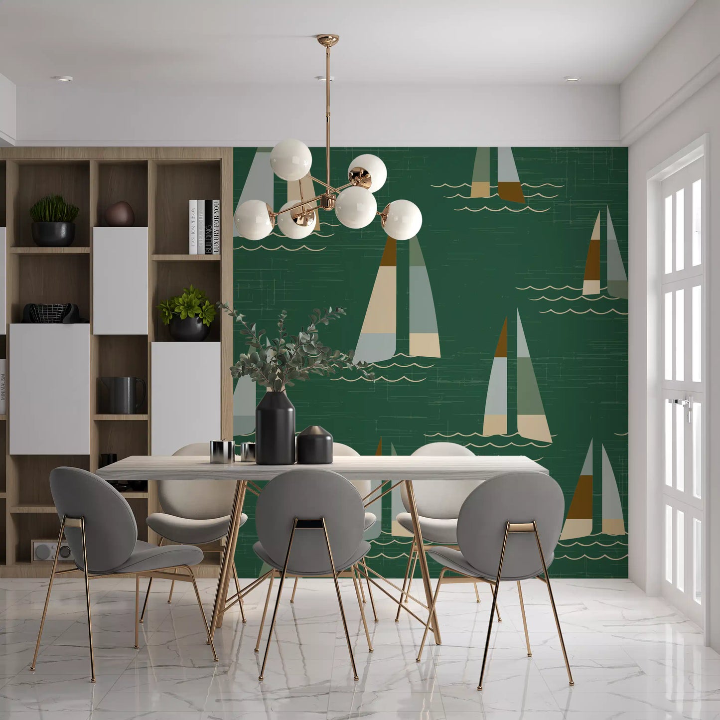 Sailboat wall mural with grey and ochre triangular sails on green ground.