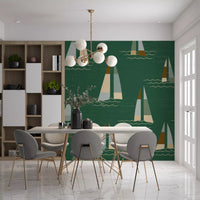 Sailboat wall mural with grey and ochre triangular sails on green ground.