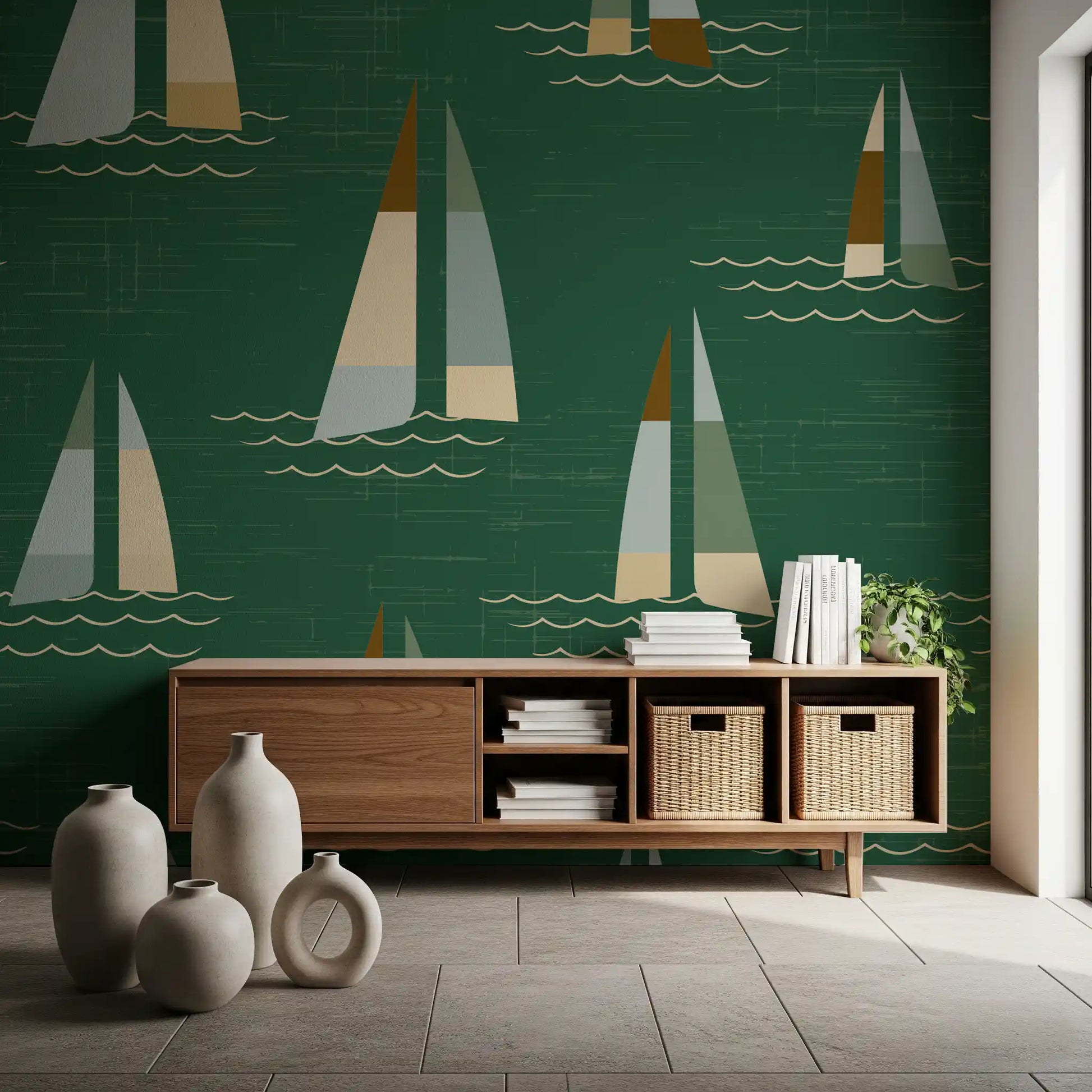 Hallway nautical sailboat wall mural in deep green with wave details.