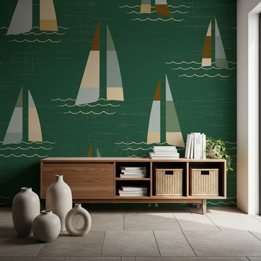 Hallway nautical sailboat wall mural in deep green with wave details.