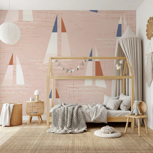 Kids room nautical sailboat wall mural in soft peach with wave details.