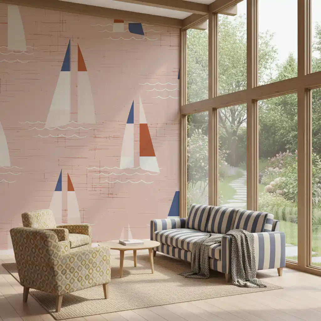Mid century sailboat wall mural with blue and rust boats on warm peach.