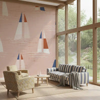 Mid century sailboat wall mural with blue and rust boats on warm peach.