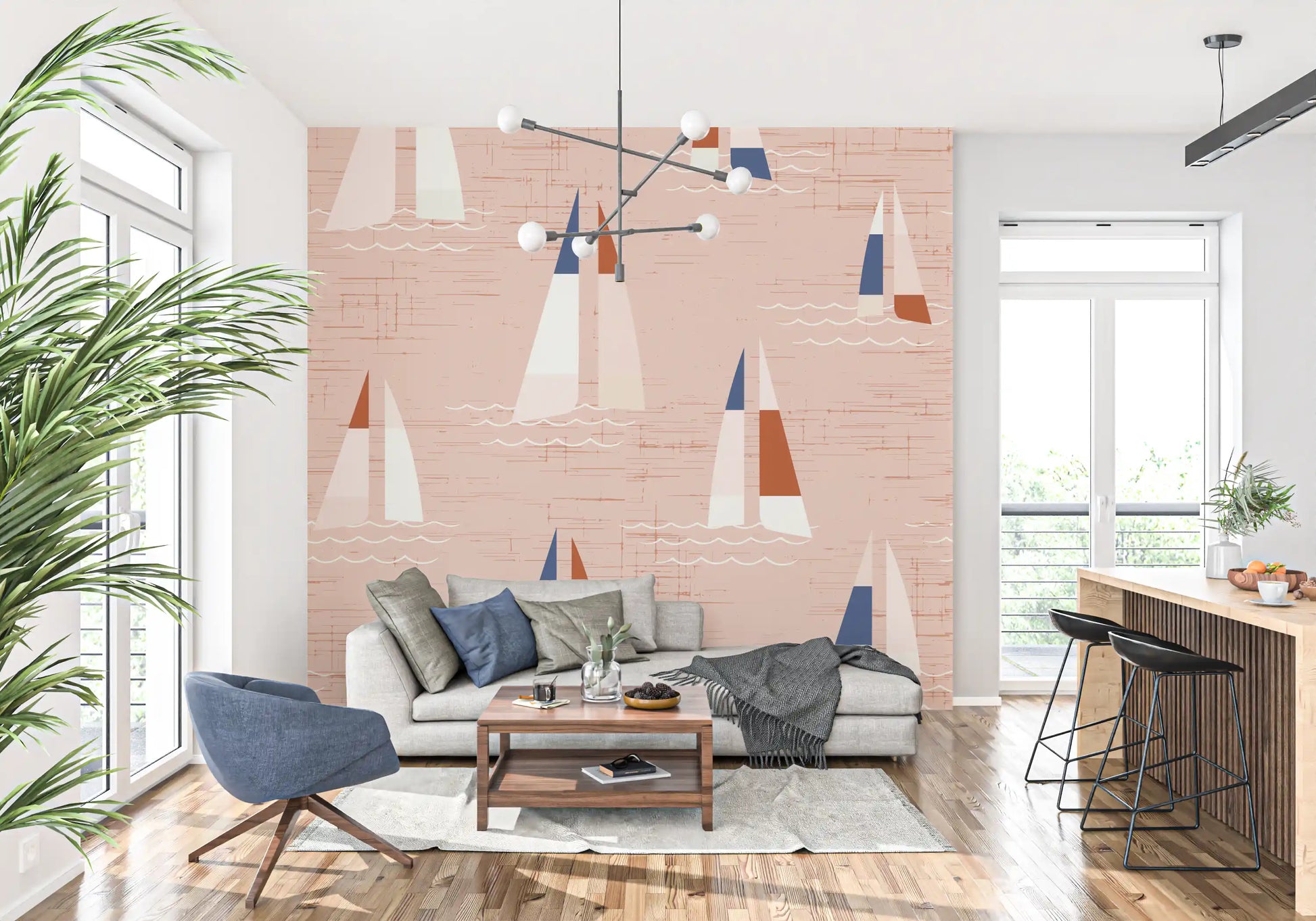 Nautical sailboat wall mural with cream and navy accent sails on peach.