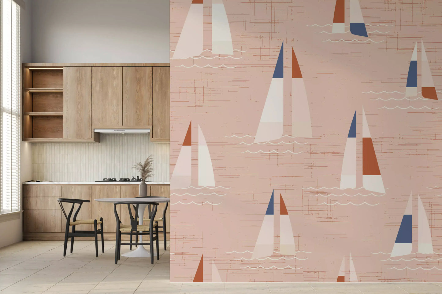 Mid century coastal wall mural with sailing boats and linen textured peach