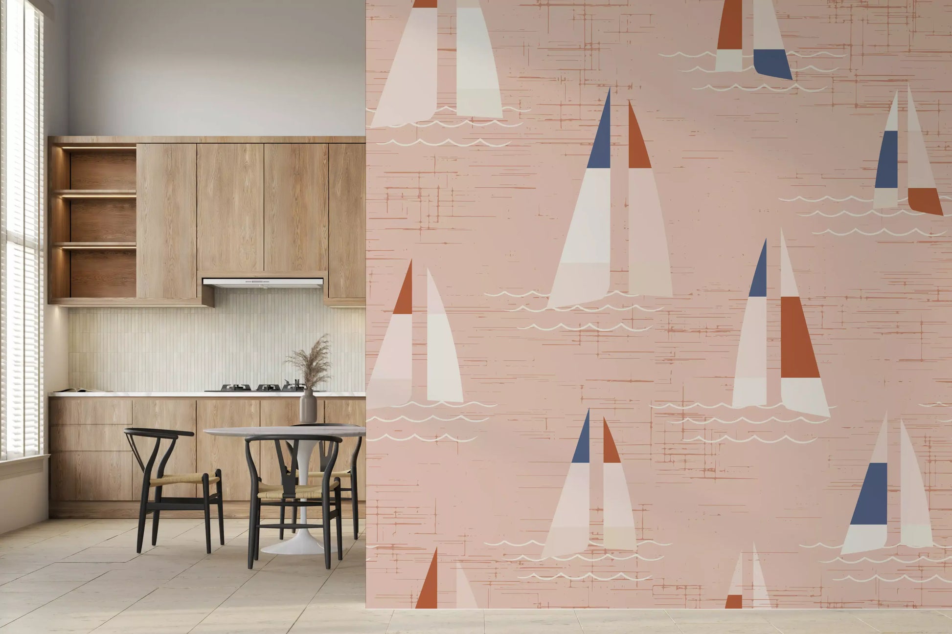 Mid century coastal wall mural with sailing boats and linen textured peach