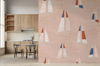 Mid century coastal wall mural with sailing boats and linen textured peach