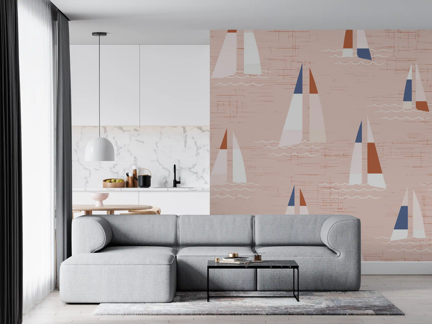 Repeat pattern sailboat wall mural on blush peach ground with mid century boats.