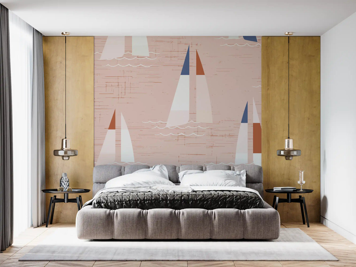 Warm peach wall mural with scattered sailboat motifs and white wave lines in bedroom.