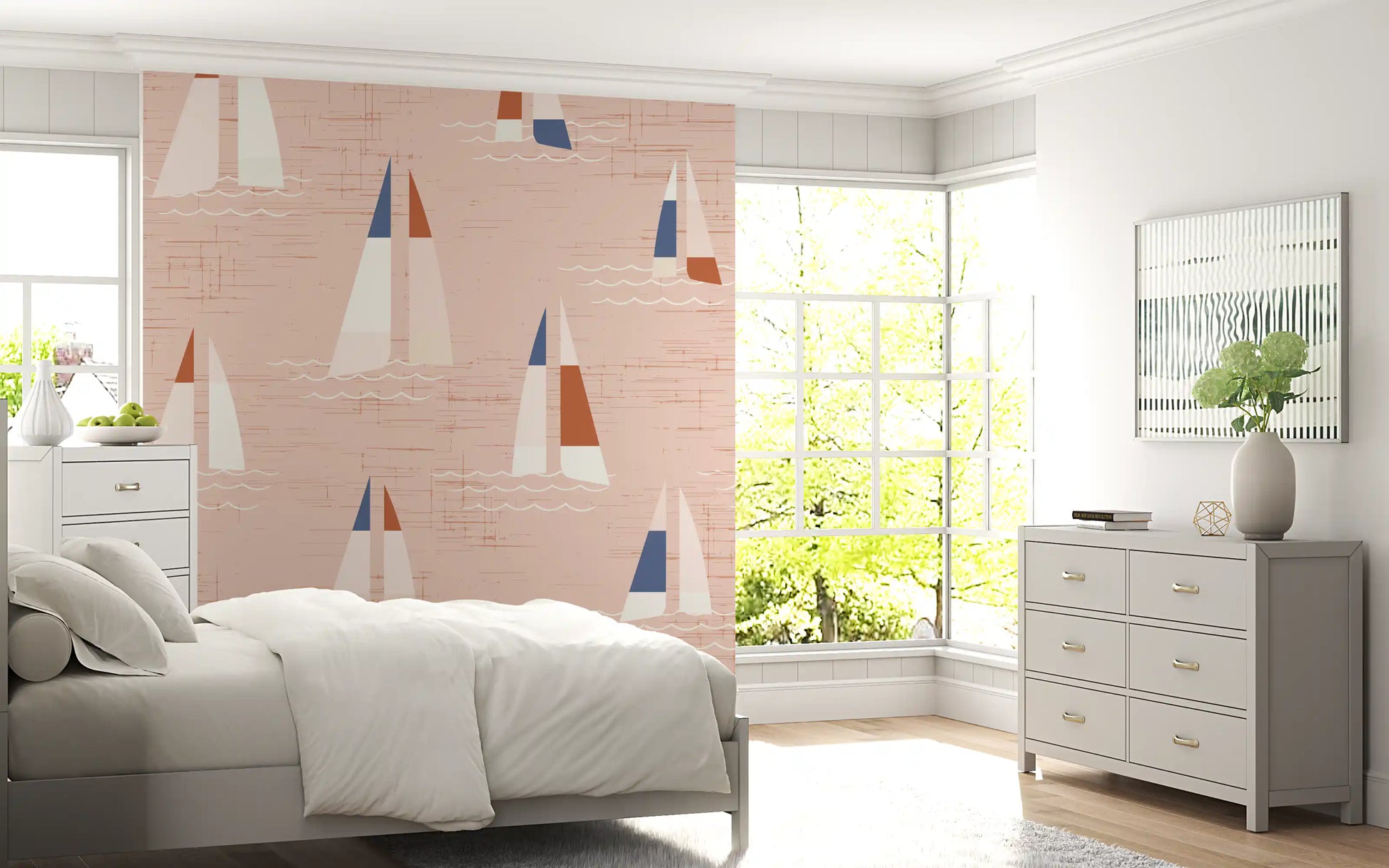 Sailboat wall mural with white and blue triangular sails on peach ground