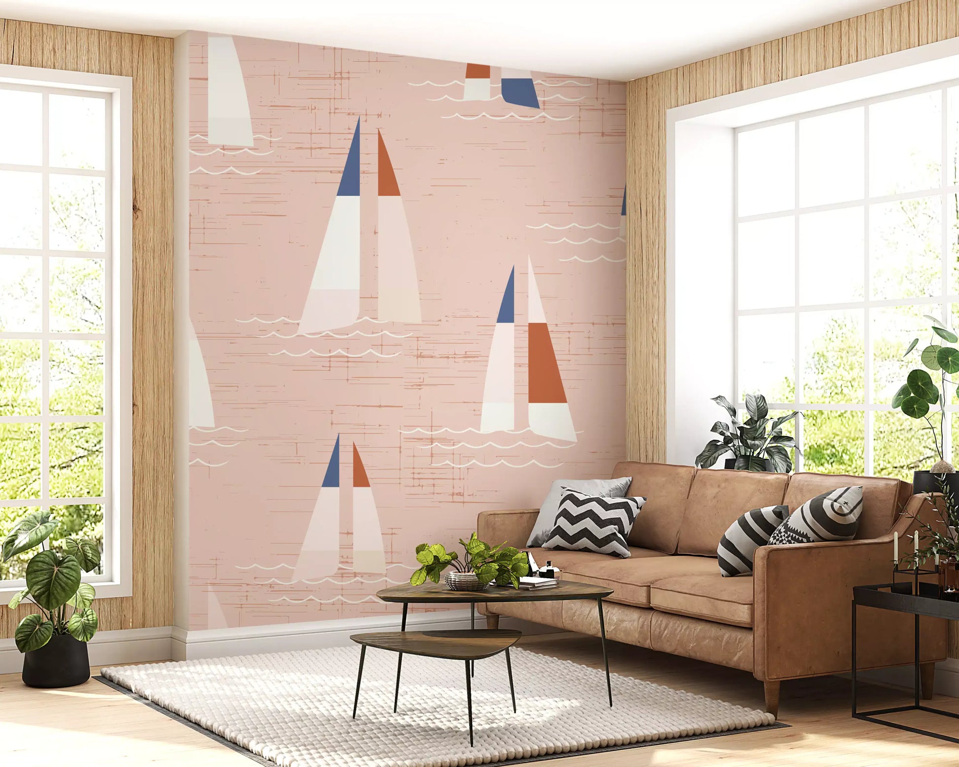 Peach sailboat wall mural with rust-brown and navy colour block accents.
