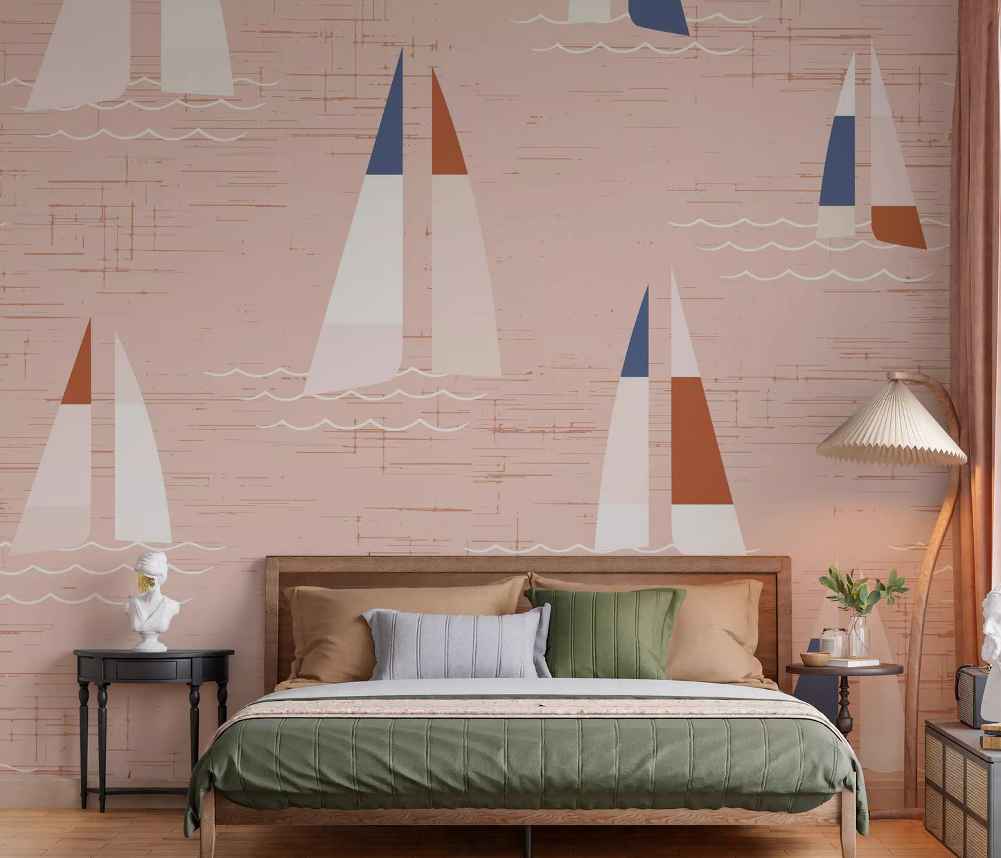 Bedroom sailboat wall mural with warm peach tones and nautical motifs.