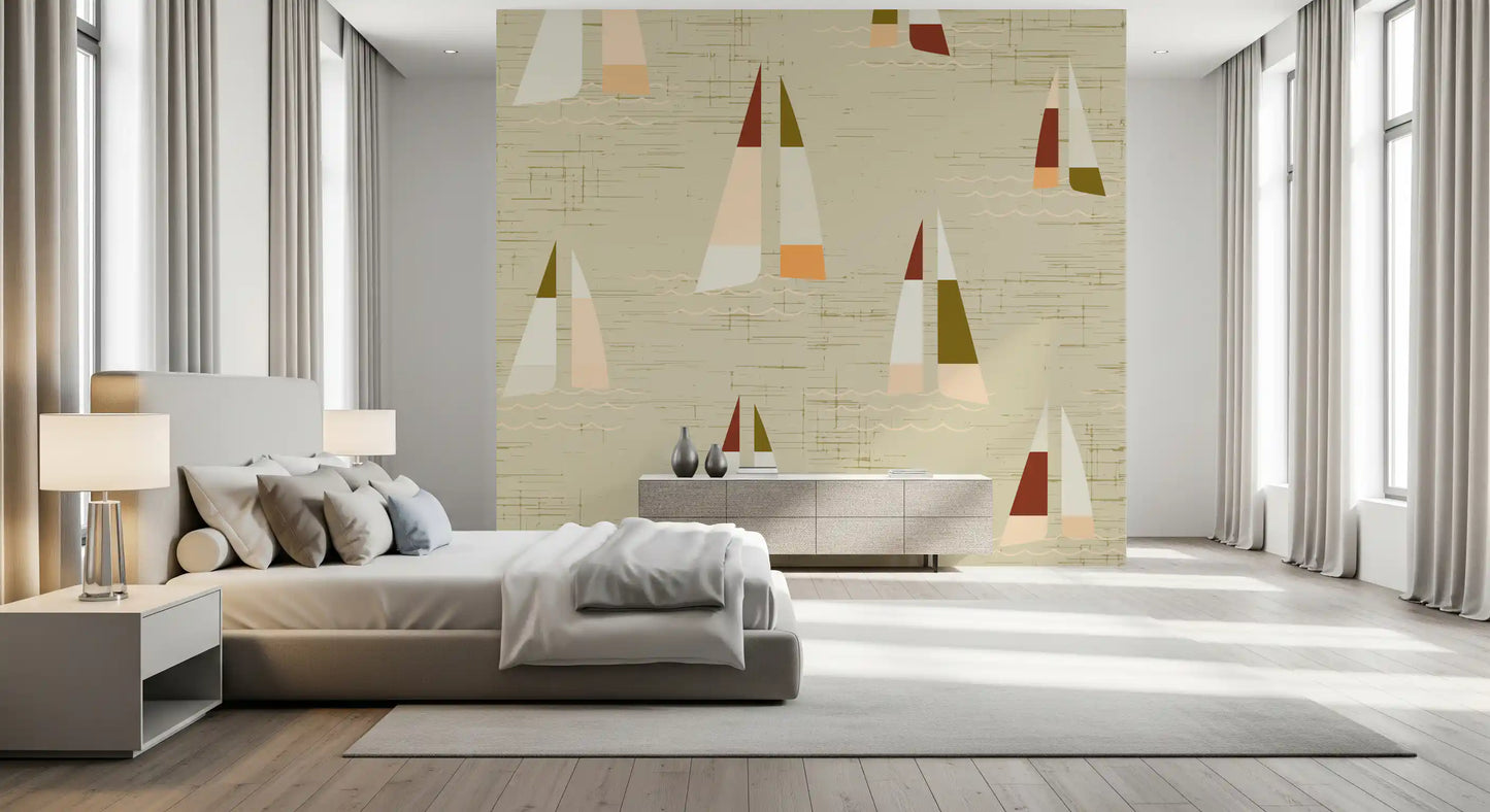Nautical sailboat wall mural with blush and burgundy accent sails in bedroom.