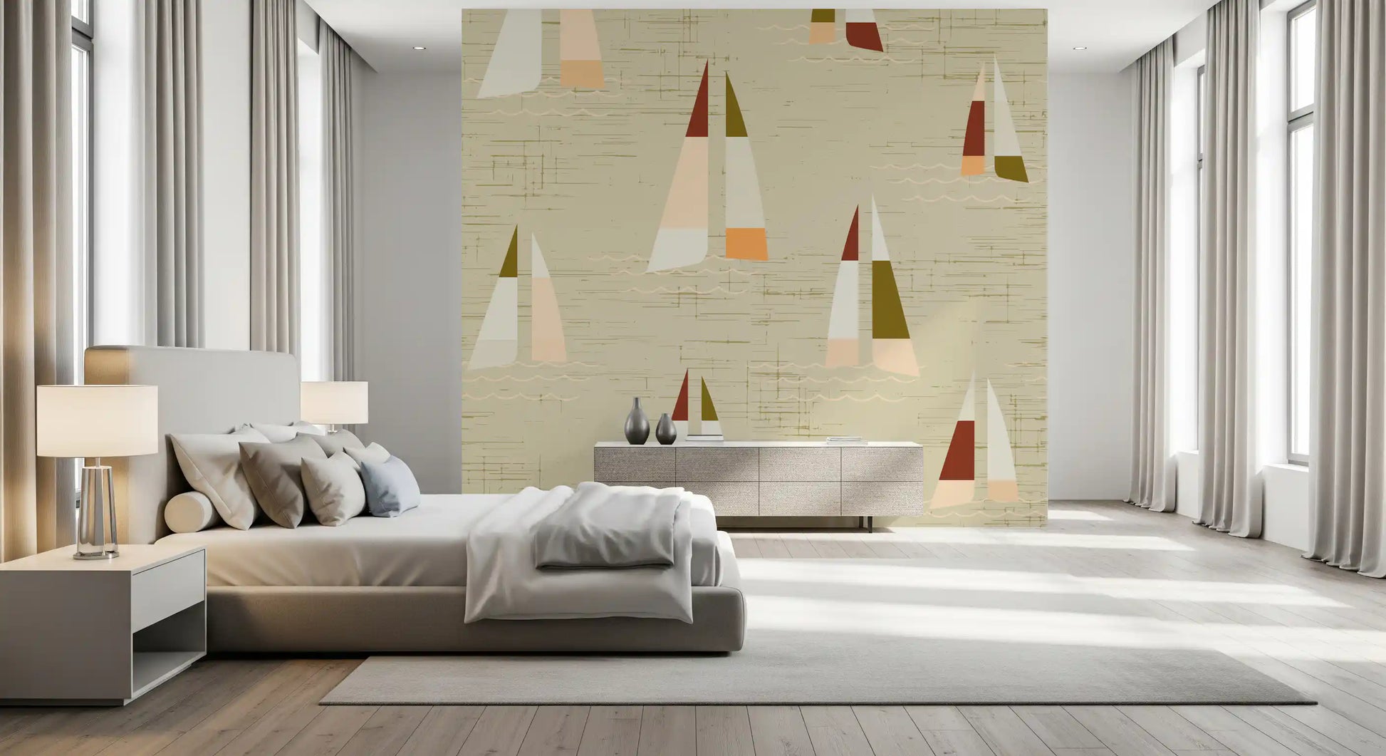 Nautical sailboat wall mural with blush and burgundy accent sails in bedroom.