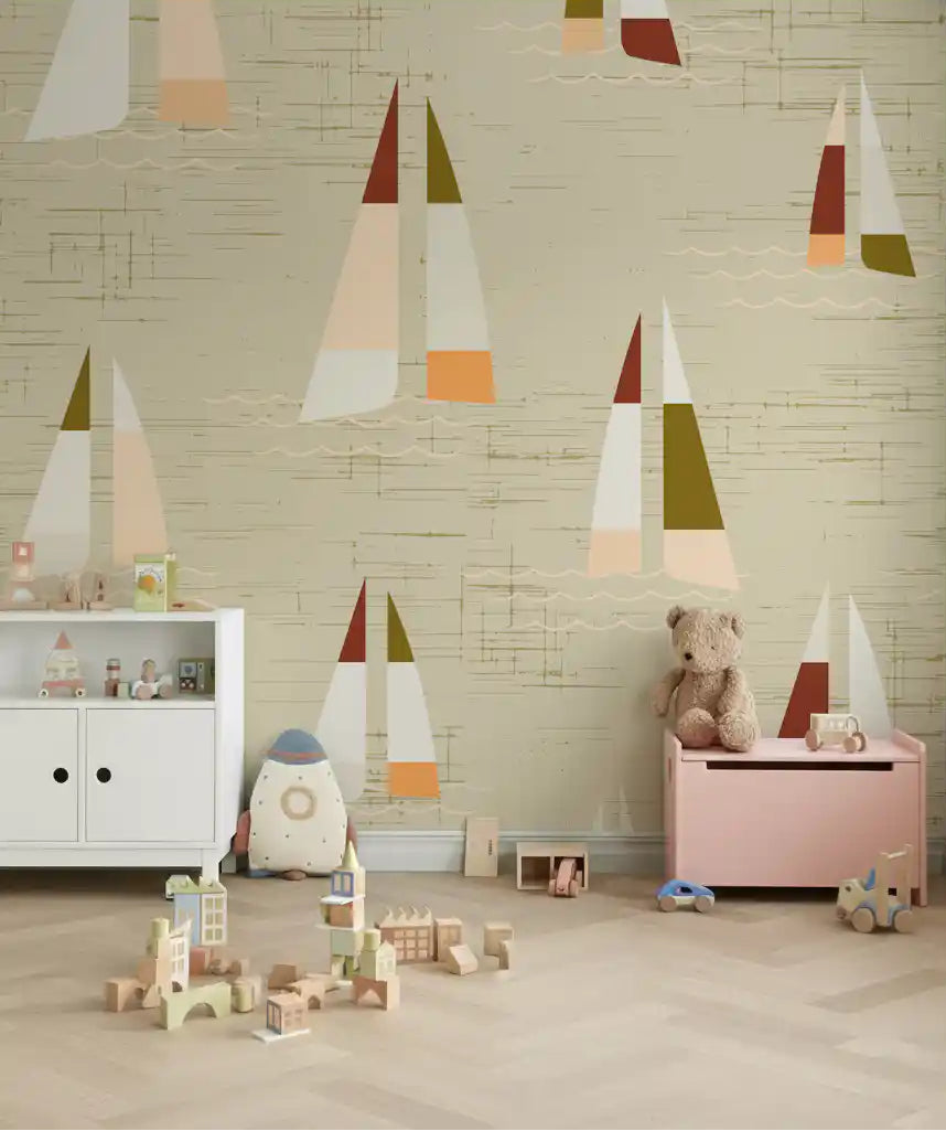Kids room nautical sailboat wall mural in soft cream with wave details., GD10563