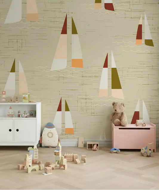 Kids room nautical sailboat wall mural in soft cream with wave details.
