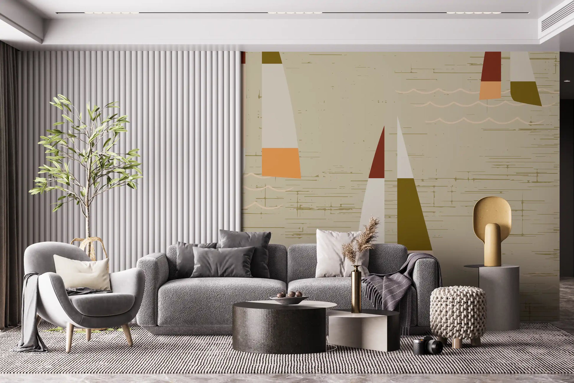 Cream sailboat wall mural with maroon and coral colour block sail accents in living area.
