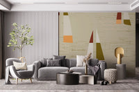 Cream sailboat wall mural with maroon and coral colour block sail accents in living area.
