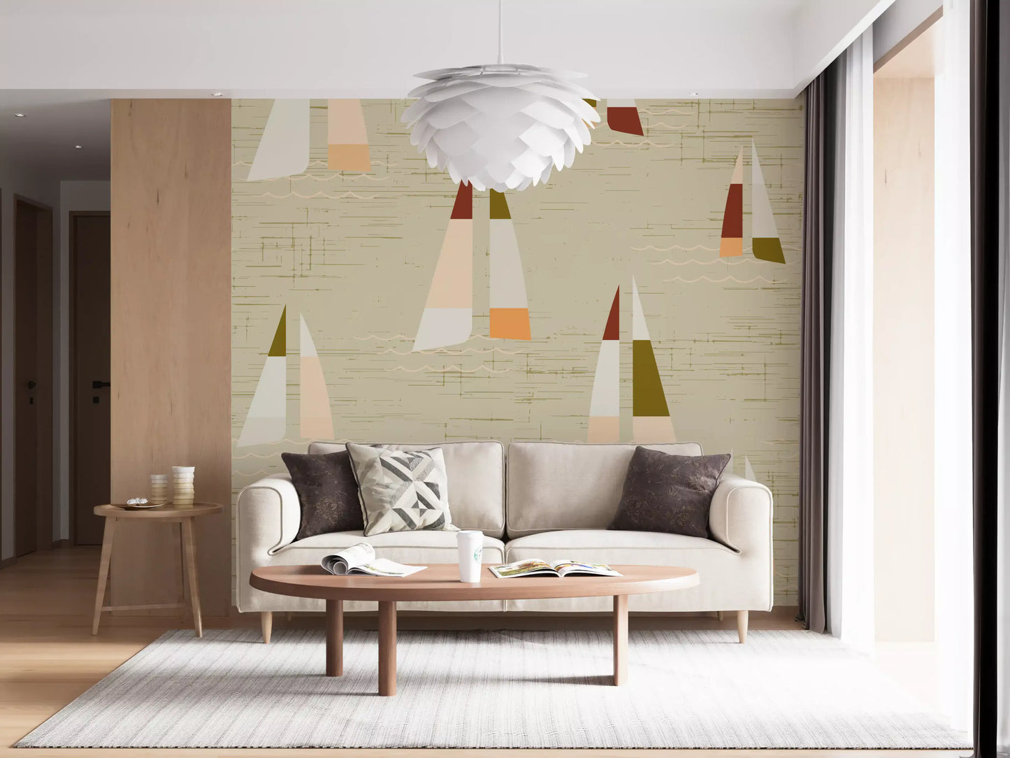 Sailboat wall mural with olive and blush triangular sails on cream ground.