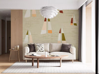 Sailboat wall mural with olive and blush triangular sails on cream ground.
