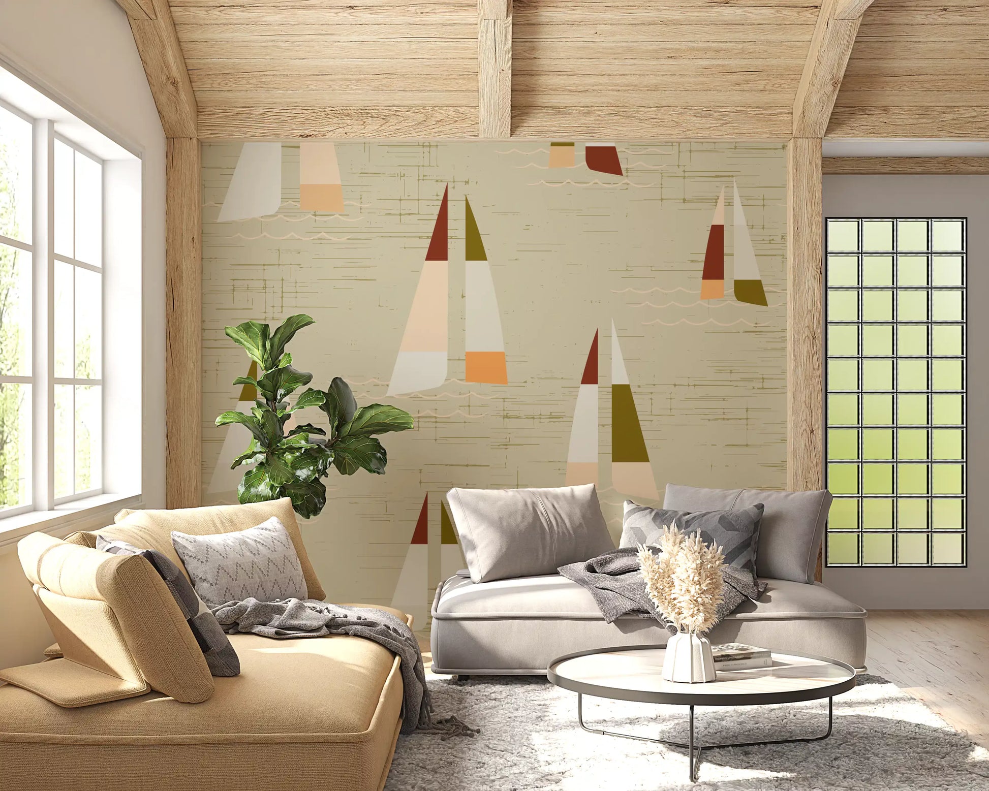 Mid century coastal wall mural with sailing boats and linen textured cream.