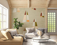 Mid century coastal wall mural with sailing boats and linen textured cream.