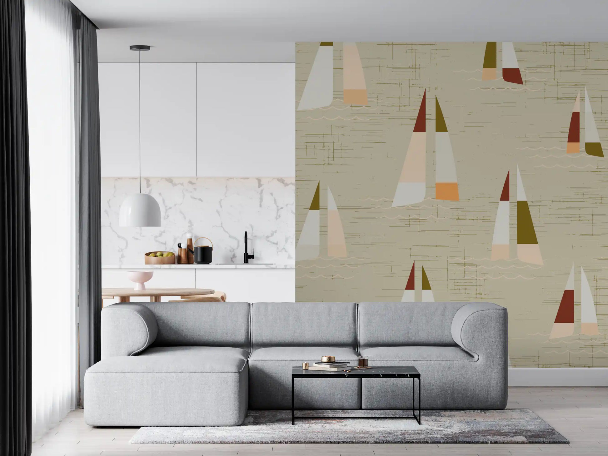 Nautical wave and sailboat wall mural in cream with earthy toned sails.