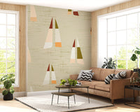 Repeat pattern sailboat wall mural on sandy cream ground with mid century boats.