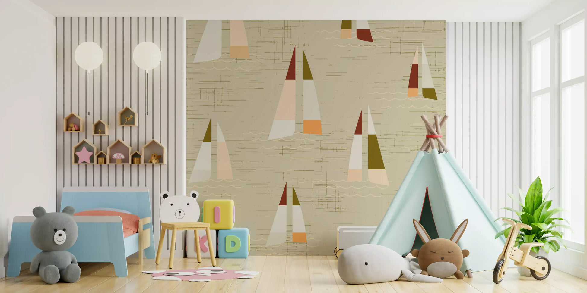 Cream wall mural with scattered sailboat motifs and white wave lines in kids room.