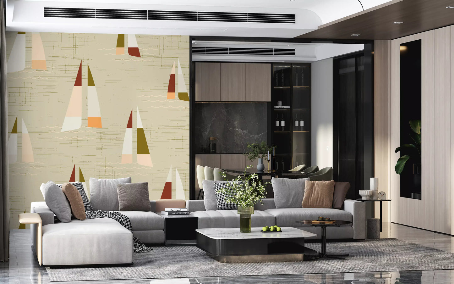 Living room sailboat wall mural with warm cream tones and nautical motifs.