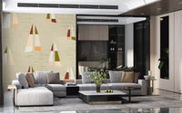 Living room sailboat wall mural with warm cream tones and nautical motifs.