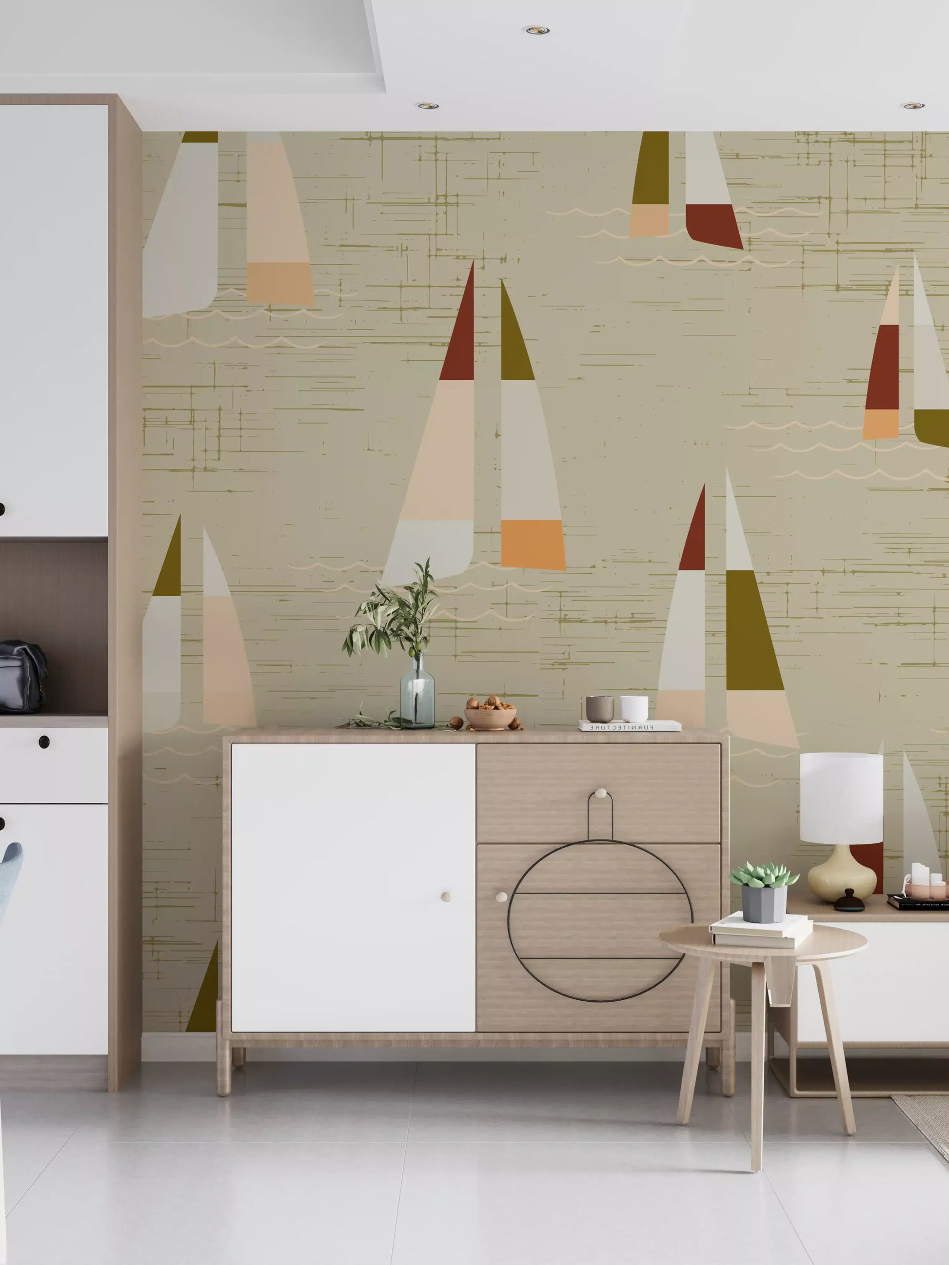 Wall mural showing mid century sailboat on sandy cream ground.