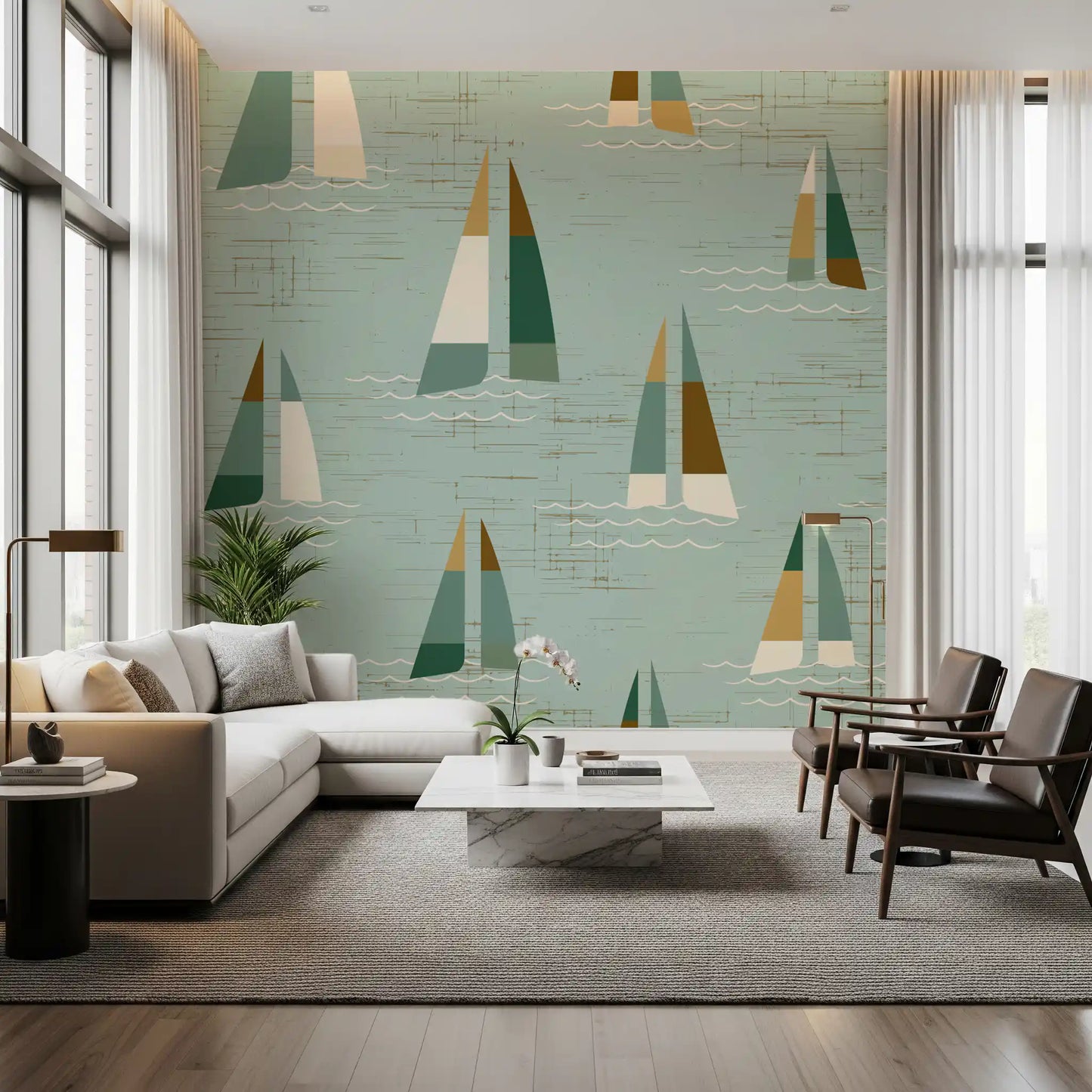 Living room sailboat wall mural with soft sage green tones and nautical motifs.