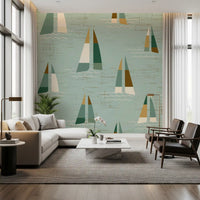 Living room sailboat wall mural with soft sage green tones and nautical motifs.
