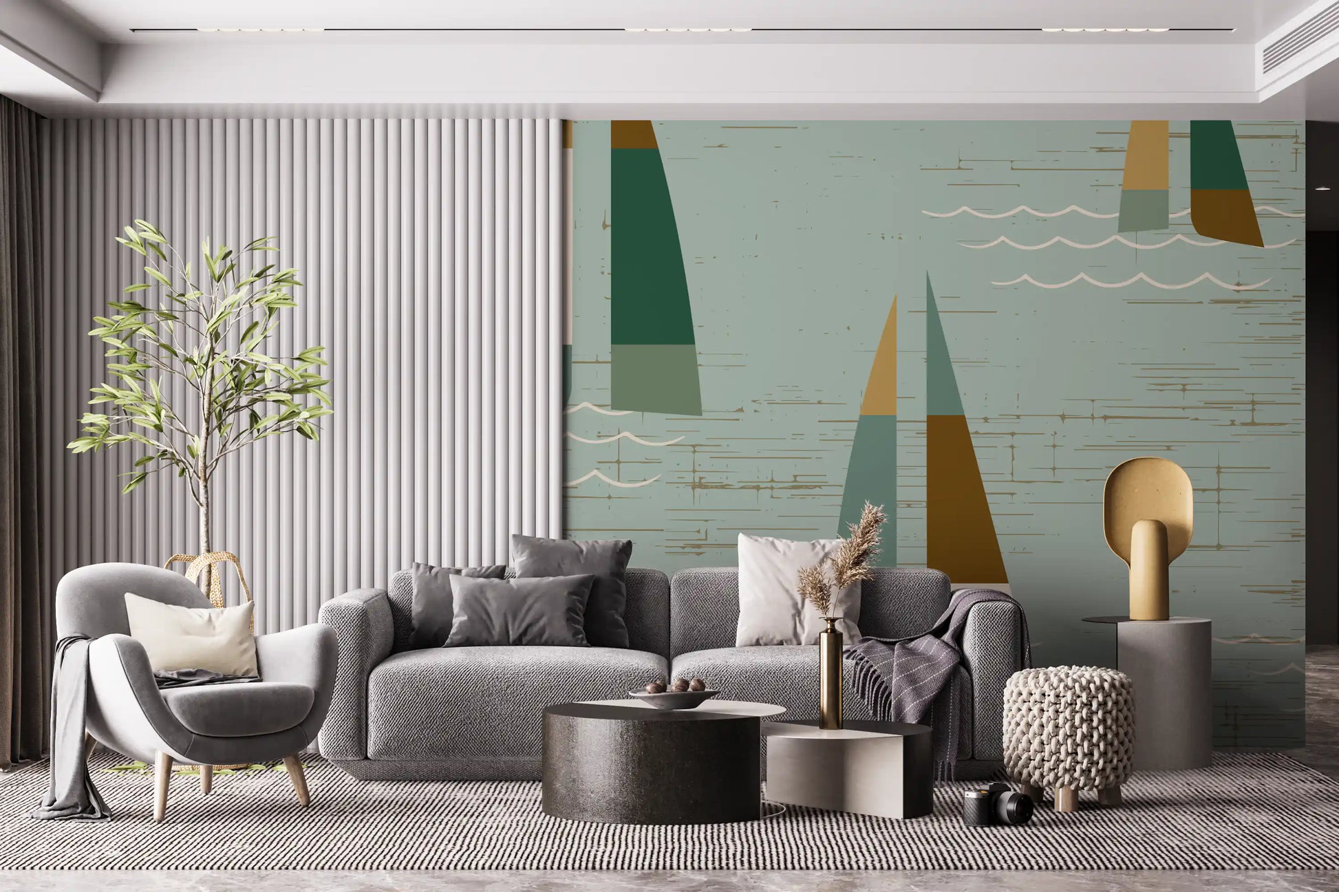 age sailboat wall mural with golden brown and dark teal sail accents.