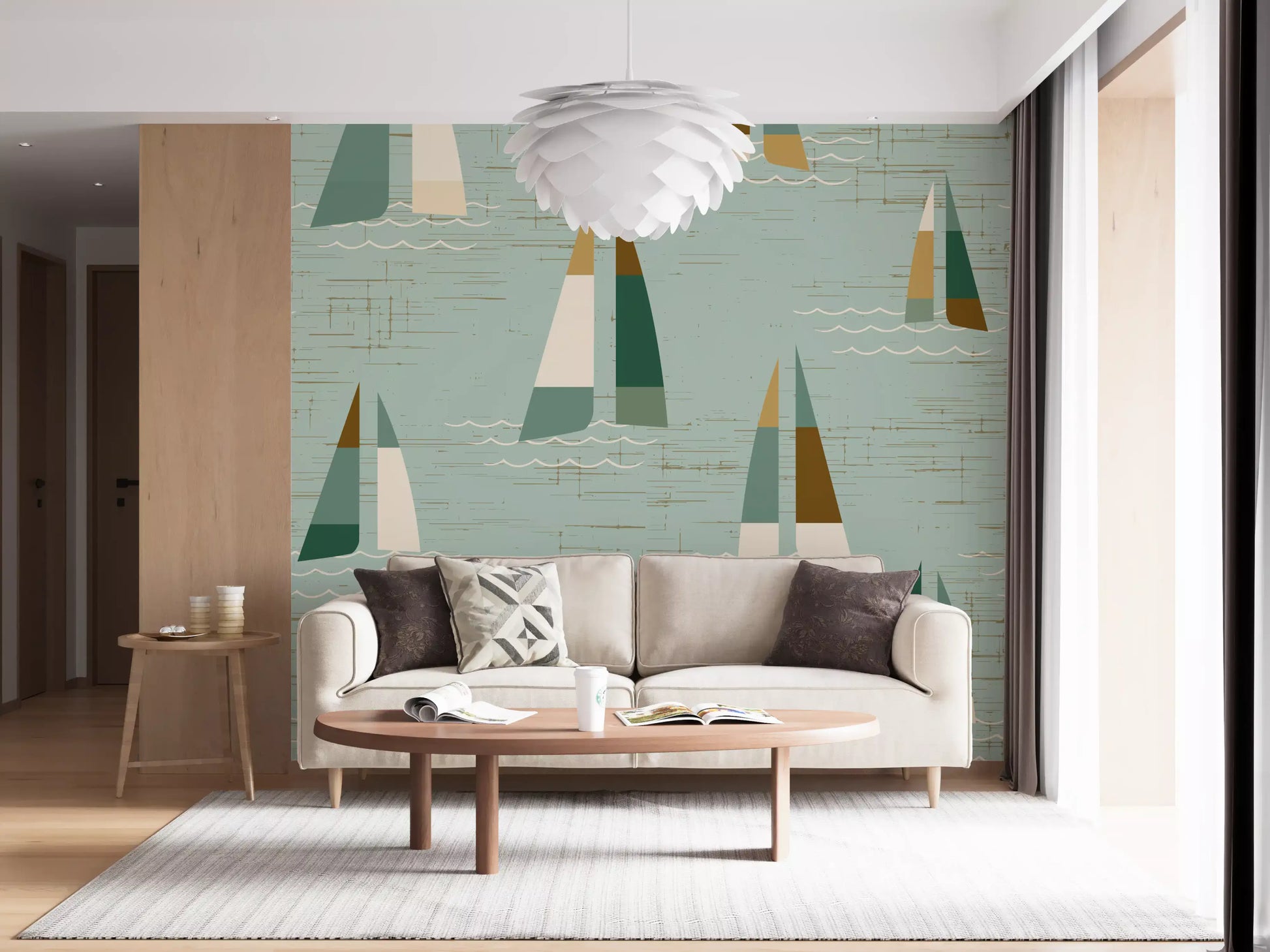 Mid century coastal wall mural with sailing boats and linen textured sage.