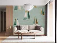 Mid century coastal wall mural with sailing boats and linen textured sage.