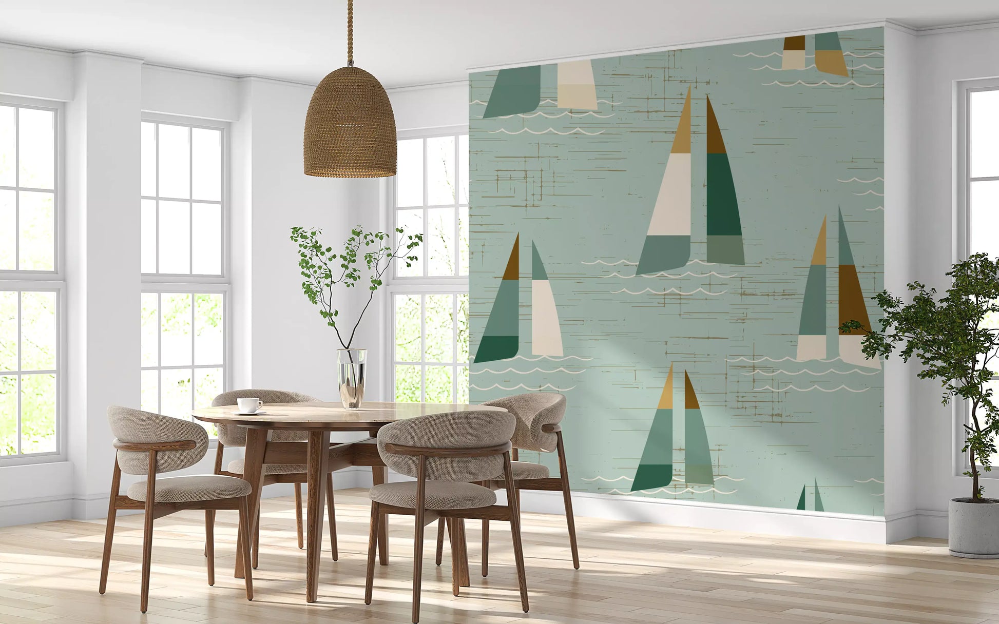 Sage green wall mural with scattered sailboat motifs and white wave line in dining area.