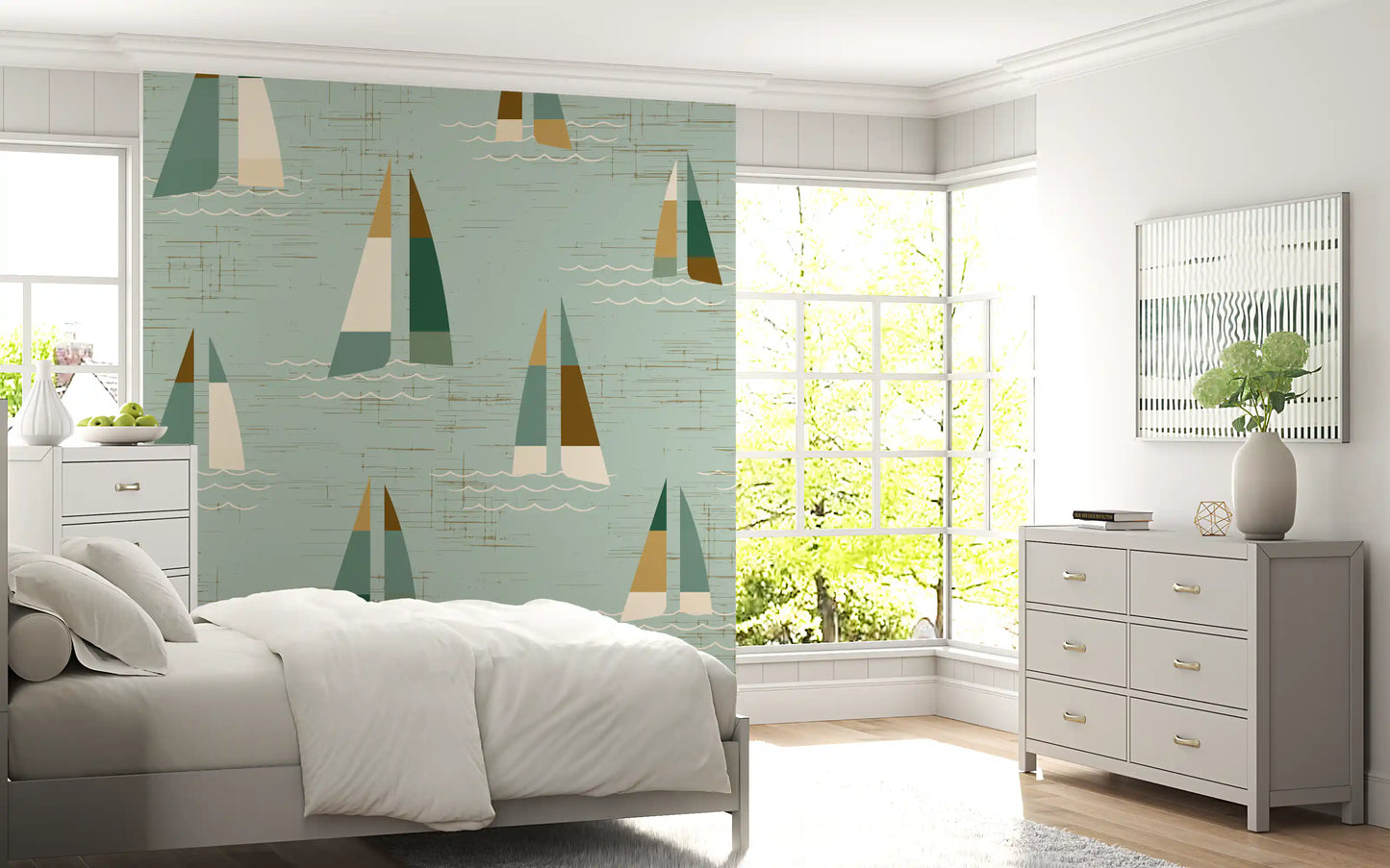 Wall mural showing mid century sailboat on soft sage ground in bedroom.