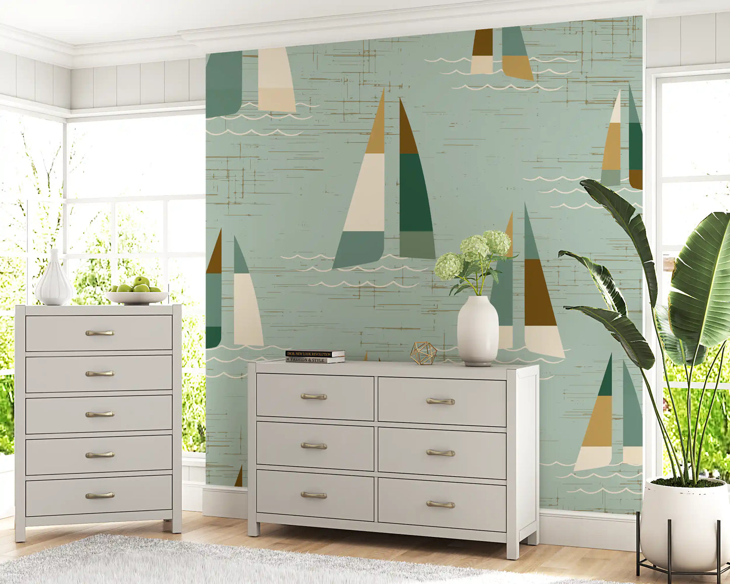 Nautical sailboat wall mural with teal and brown sail accents.