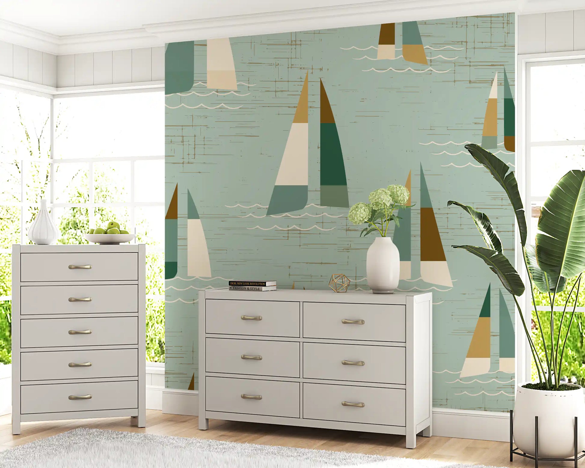 Nautical sailboat wall mural with teal and brown sail accents.
