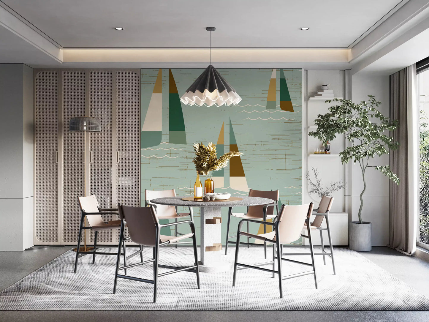 Nautical wave and sailboat wall mural in sage with earthy toned sails.