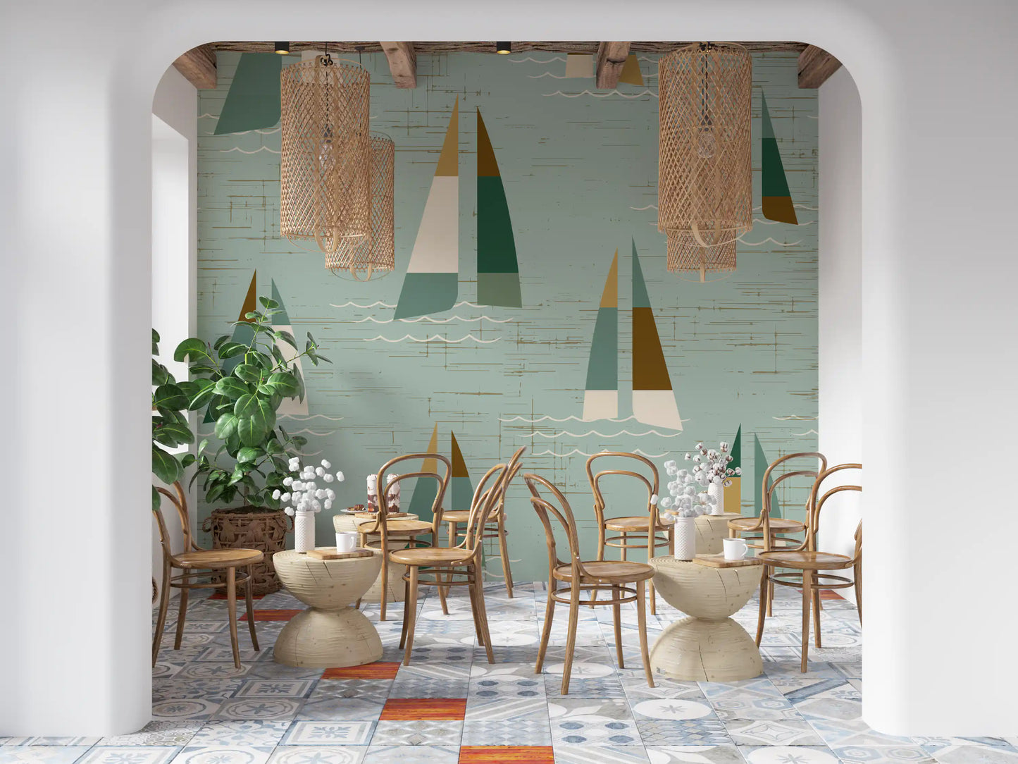 Repeat pattern sailboat wall mural on pale sage ground with mid century boats.