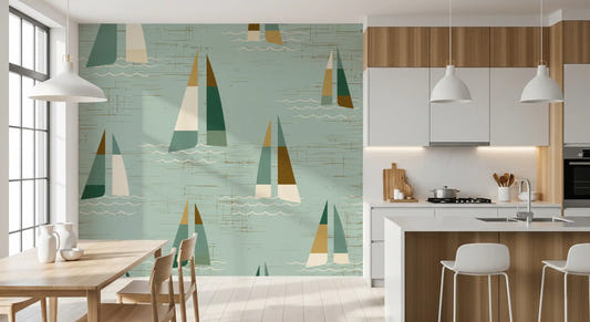 Sailboat wall mural with forest green and amber triangular sails in kitchen.
