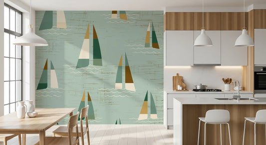 Sailboat wall mural with forest green and amber triangular sails in kitchen.