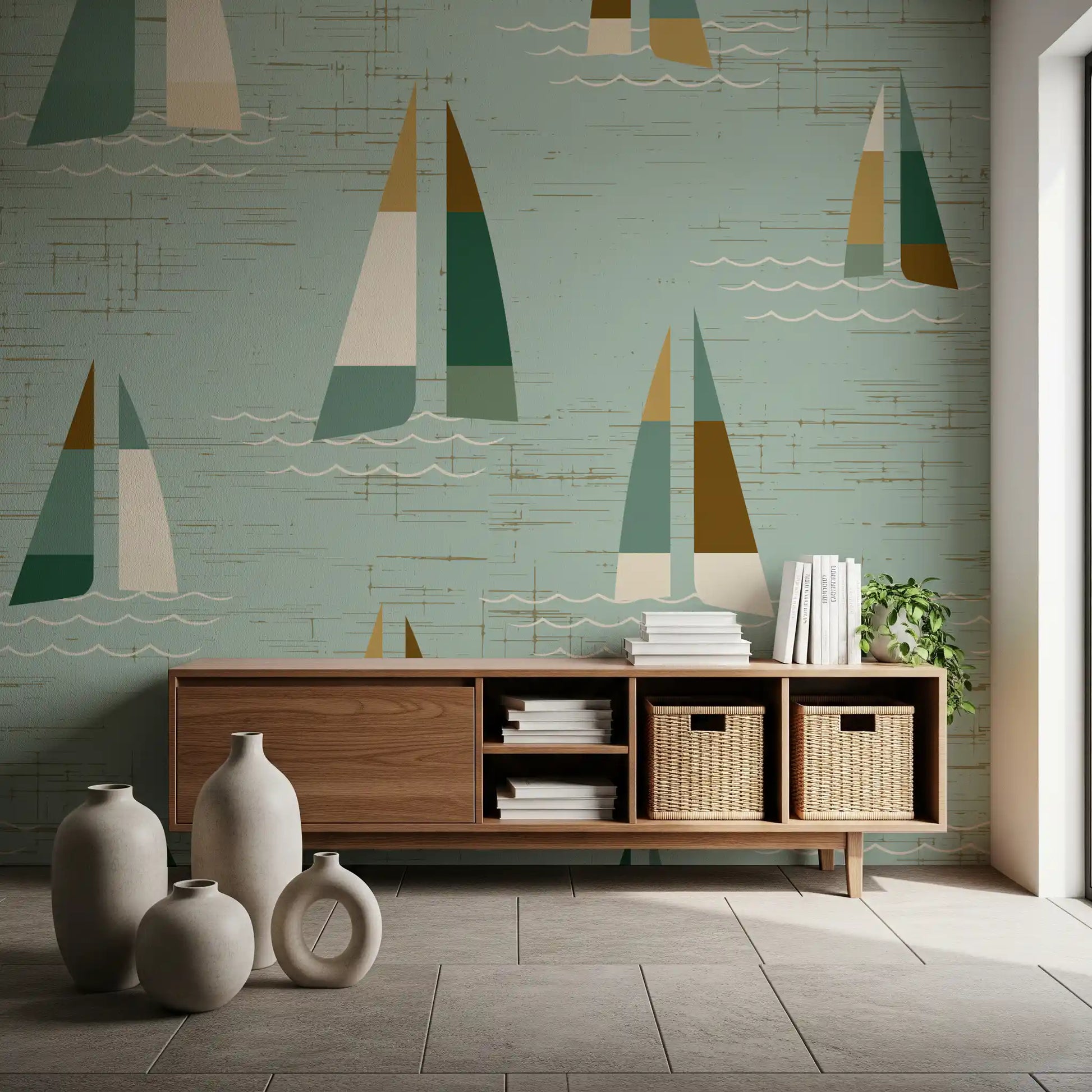 Hallway nautical sailboat wall mural in sage green with wave details.