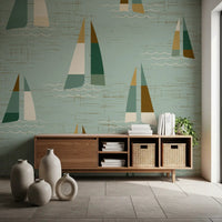 Hallway nautical sailboat wall mural in sage green with wave details.